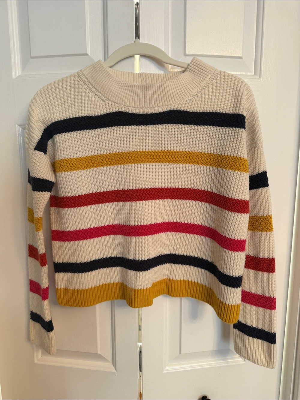 J. Crew Cream Crewneck Sweater with Navy, Golden Yellow, Red and Pink Stripes